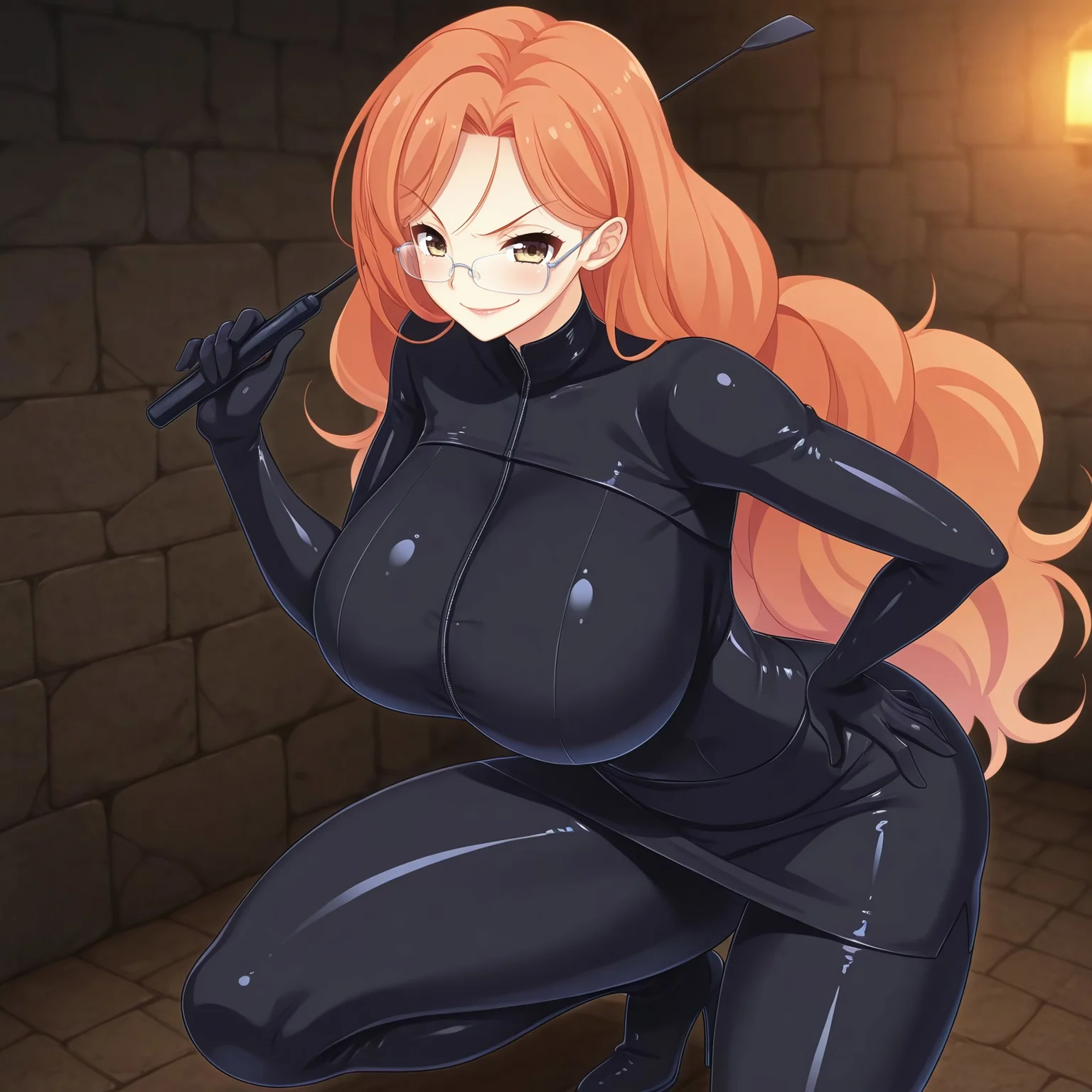 Sado_Bu, 1girl, mature, milf, huge breasts, black latex outfit, shear clothes, skintight, shrug, crop top, skirt, elbow gloves, thighhigh heeled boots, orange hair, yellow eyes, half-rimmed glasses, mid-length hair, smirk, one hand on hip, one hand holding riding crop, looking at viewer, indoors, underground, black stone dungeon background, bdsm tools on wall, dim ambient lighting