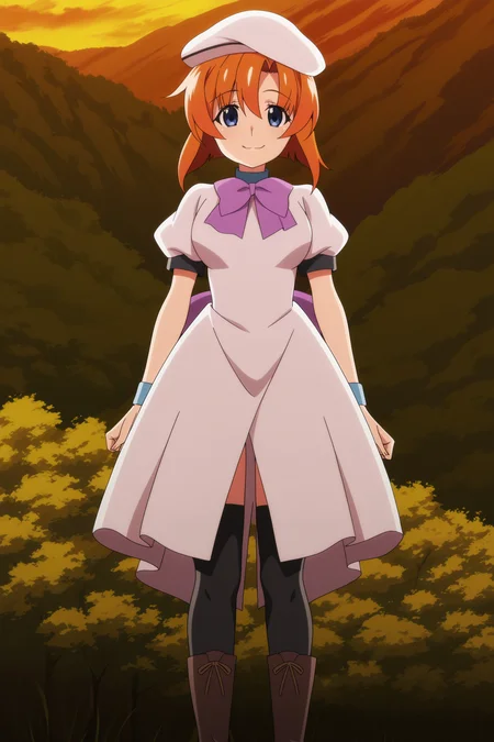 anime screencap, anime coloring, detailed face, masterpiece, best quality, very aesthetic, absurdres, volumetric lighting, official style, amazing quality, ultra detailed, highres, amazing quality, scenery, beautiful detailed hair, beautiful detailed eyes, defined fingers,
<lora:StS-Illustrious-Detail-Slider-v1.0:4>
<lora:Rena_Ryugu_Higurashi_When_They_Cry_-_Gou_and_Sotsu:.9>
outdoors,
Rena white hat outfit, Rena Ryugu (character), ryuuguu rena, 1girl, solo, boots, thighhighs, purple bow, white headwear, tall brown boots, black thighhigs, white dress, blue eyes, short hair, orange hair, grinning