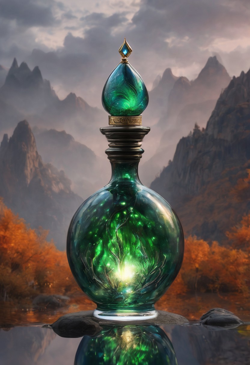 Score_9, Score_8, high_def, highest quality, 4k, best quality, masterpiece, focused, defined, Photorealistic magic potion, intricate glass bottle, elixir, vibrant blue and green colors, blazing with fiery intensity, ethereal light, wax seal, radiant golden highlights, magic lights, luminous, dynamic reflections, magical aura, highly detailed, fantasy essence, glowing ember-like particles, radiant aura, with streaks of molten orange and shimmering metallic accents, evoking a sense of epic power and grandeur