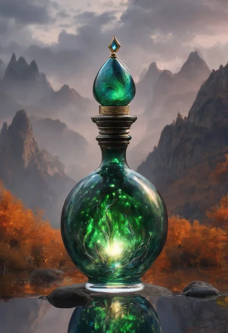 Score_9, Score_8, high_def, highest quality, 4k, best quality, masterpiece, focused, defined, Photorealistic magic potion, intricate glass bottle, elixir, vibrant blue and green colors, blazing with fiery intensity, ethereal light, wax seal, radiant golden highlights, magic lights, luminous, dynamic reflections, magical aura, highly detailed, fantasy essence, glowing ember-like particles, radiant aura, with streaks of molten orange and shimmering metallic accents, evoking a sense of epic power and grandeur