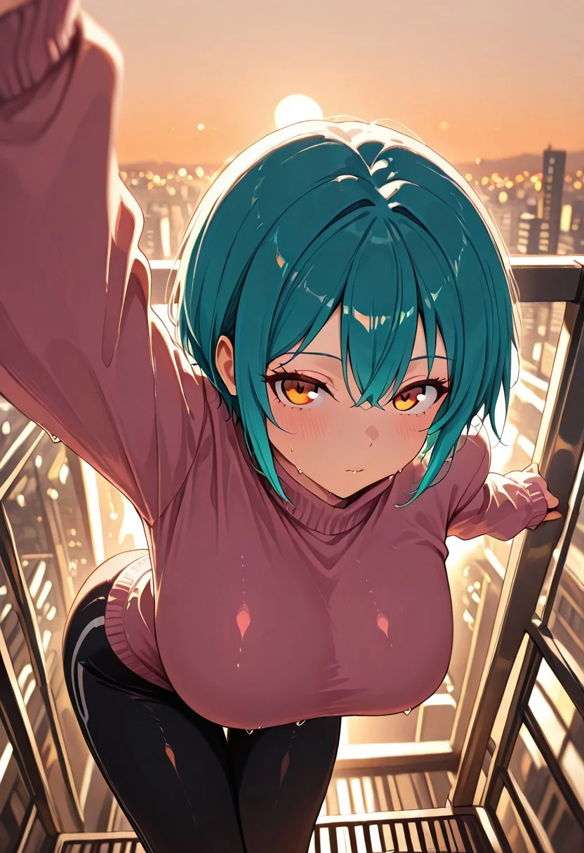 masterpiece, best quality, good quality, very aesthetic, absurdres, newest, 8K, depth of field, in the style of cknc, artist:moriimee, in the style of cksc,
1girl, short turquoise hair, tousled, amber eyes, very large breasts, sagging, loose pink sweater, slipping, oversized leggings, sweat-damp, soft groan, looking at viewer, from above, stretching on balcony, breasts hanging gently, faint silhouette through sweater
BREAK
urban balcony, city skyline, warm breeze, distant hum
BREAK
warm light, high contrast, soft pinks, depth of field, golden hour lighting, rich details, cozy temptation
