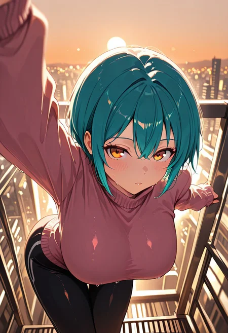 masterpiece, best quality, good quality, very aesthetic, absurdres, newest, 8K, depth of field,  in the style of cknc, artist:moriimee, in the style of cksc, 
1girl, short turquoise hair, tousled, amber eyes, very large breasts, sagging, loose pink sweater, slipping, oversized leggings, sweat-damp, soft groan, looking at viewer, from above, stretching on balcony, breasts hanging gently, faint silhouette through sweater
BREAK
urban balcony, city skyline, warm breeze, distant hum
BREAK
warm light, high contrast, soft pinks, depth of field, golden hour lighting, rich details, cozy temptation