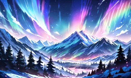 masterpiece, best quality, high quality, intricate, absurdres, very aesthetic,
no humans,
landscape, outdoors, nature, night,
mountain tops, snowy mountain, rocky mountains,
river, spring, sparkling water, mist,
lava, magma stream, volcano in background,
trees, evergreen trees, windy, visible wing, wind lines, aurora,
ultra wide angle shot, cinematic style, highly detailed, majestic, shallow depth of field, movie still, hard light, circular polarizer, colorful, wallpaper, anime