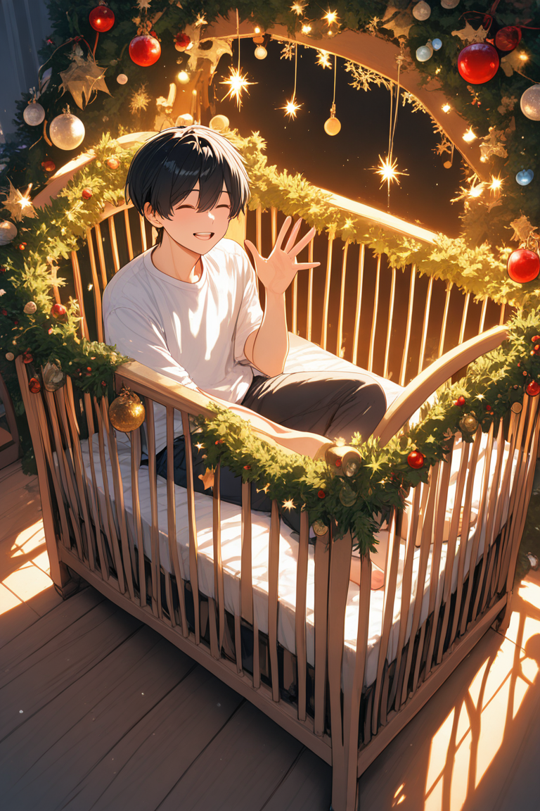 realistic shading, natural lighting, dacrib, christmas-crib focus, dacrib_christmas ornaments, in crib, black hair, closed eyes, 1boy, happy, smiling, shiny skin, full body, waving, sitting, barefoot, shirt, pants, dutch angle, dynamic angle, intricately detailed illustration, masterpiece, best quality, amazing quality, very aesthetic, absurdres, newest