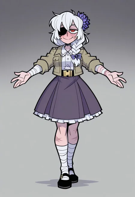 masterpiece, best quality, aesthetic, colorful, vanripper, BREAK,  1girl, solo, (tall, slanted eyes, red eyes, black plain eye patch, white hair, braid, hair over shoulder, (Hyacinth flower in hair:1.1), khaki military jacket, rolled sleeves black belt, gold buckle, frilly skirt, closed jacket, white shirt collar, purple skirt, (scars, burn scars,) bandages over neck, bandages over arms, bandages over legs, leg wraps, mary janes, black footwear,) outstretched_arms, smiling, blushing, offering hug,