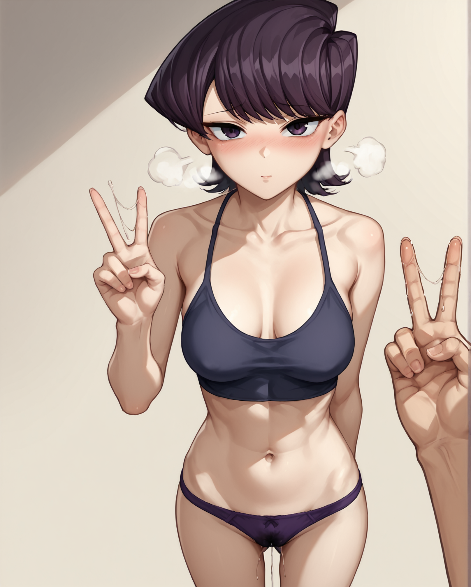 score_9, score_8_up, score_7_up, source_anime BREAK 1girl, Komi Shuuko, purple eyes, looking at viewer, pov, purple hair, short hair, swept bangs, blush, hetero, standing, medium breasts, perky breasts, netorare, cheating (relationship), underwear, bare shoulders, simple background, navel, lust, aroused, collarbone, hand behind back, heavy breathing, pov hand, peace sign, v-sign, pussy juice trail on hand, <lora:POV_pussy_juice_on_hand:0.7>, rating_questionable