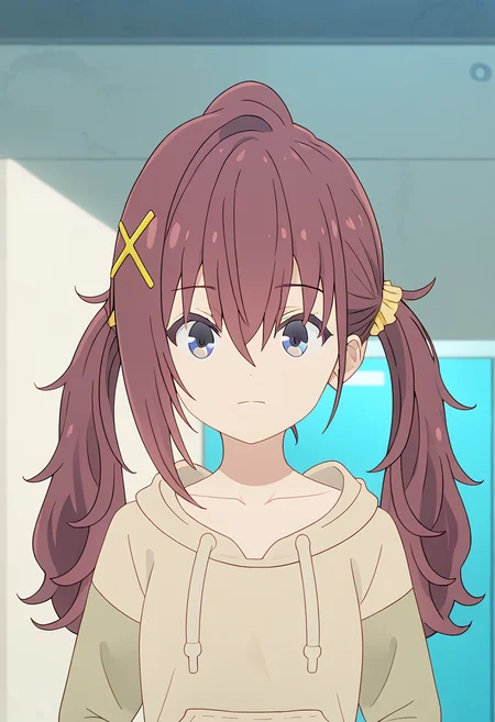 <lora:Kurea furutachi-000028:1>,
Kurea FURUTACHI,1girl,hair ornament,hoodie,hood,blue eyes,closed mouth,upper body,drawstring,solo,long sleeves,yellow scrunchie,long hair,hair scrunchie,collarbone,hood down,scrunchie,short over long sleeves,brown hoodie,front view