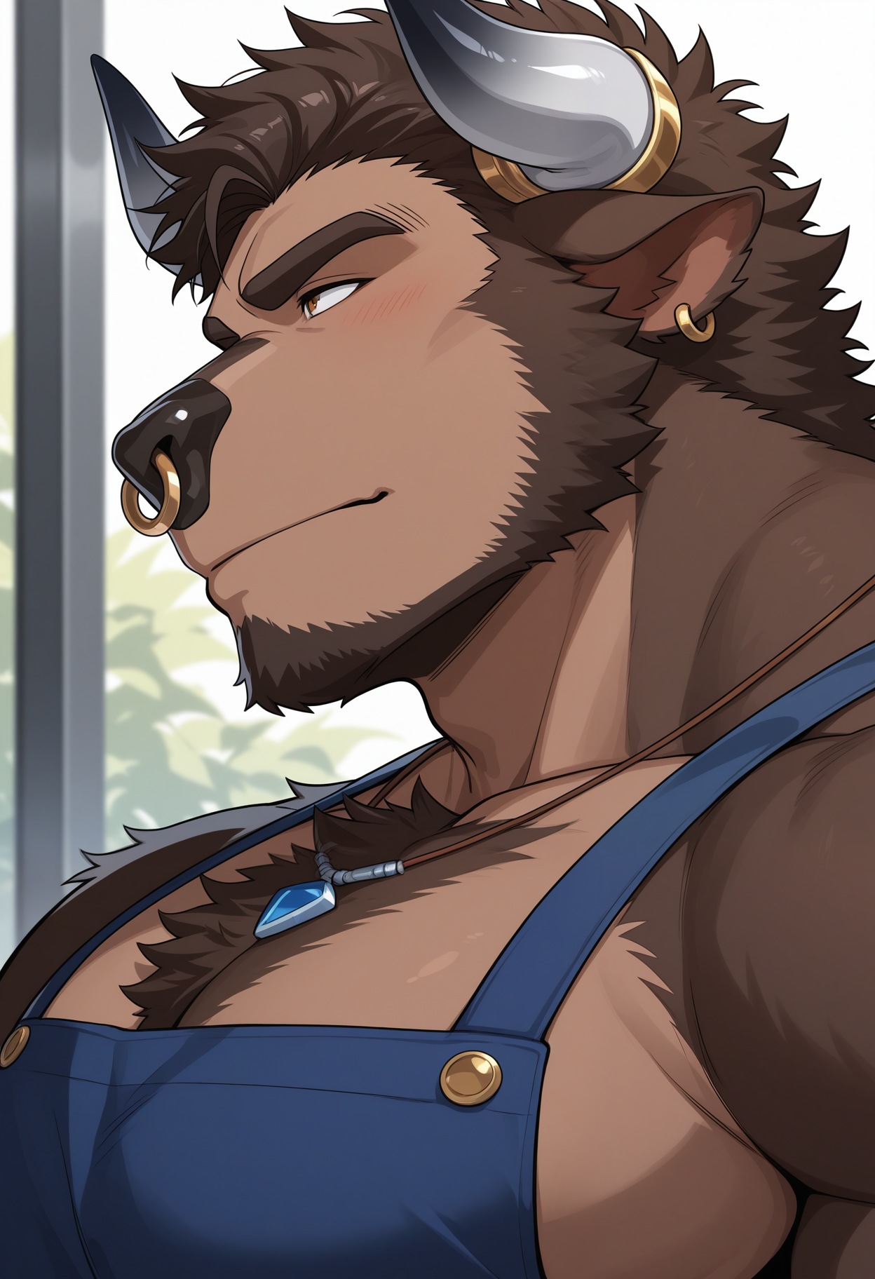 masterpiece,best quality, amazing quality, 1boy, solo, v0lund, minotaur,  multicolored fur, horn ring, nose ring, earring, necklace, blue apron, close up, side angle,