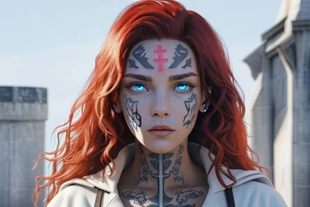 bright red hair, human female, (feminine:1.7), (beautiful face, detailed face:1.6), (beautiful eyes, detailed eyes:1.7), (looking at viewer, eye contact, intense:1.6), (long hair, red hair, curly hair:1.3), , ((masterpiece, best quality, high resolution, realistic, best quality,)), photo realistic, Perfect Face, (detailed face). <lora:GoodHands-vanilla:0.6> <lora:add-detail-xl:0.8>, mage, (Dress White military uniform coat), dagger, rune dagger, glowing runes, , (((glowing magic symbols tattoos, religious tattoos))), ((face tattoos)), glowing tattoos, stone tower in the background
