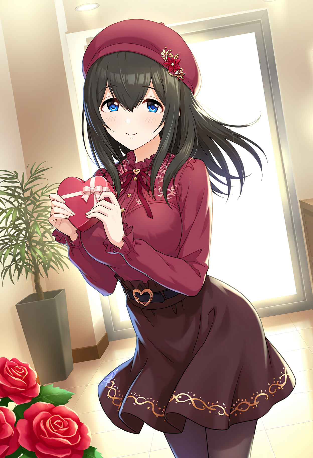 masterpiece, best quality, absurdres, highres,
idolmaster cinderella girls starlight stage, official art,
valentine,
sagisawa fumika, blue eyes, black hair, long hair, large breasts,
1girl, solo, blush, smile,
<lora:erisu barenntainn IL v1:0.65>,
red beret, hat ornament,
neck ribbon,
red collared shirt, long sleeves,
black belt,
brown skirt,
black pantyhose,
gold trim,
heart-shaped box,
indoors, red flower,
dutch angle,