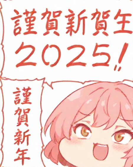 1girl, solo, clenched teeth,
<lora:tinpo-nya_IL_v1:1>, cnpny, smile, :3, chibi, emphasis lines, speech bubble, open mouth,
(kingashinnen, chinese zodiac, zodiac 2025:1.5),
<lora:newyear_IL_v2:1>, (new year 2025), nengajou, (happy new year 2025:1.5), japanese clothes, kimono, (2025:2.5),
pastel colors, calm colors, anime screencap, photorealistic, best quality, newest, absurdres, highres, <lora:dmd2_sdxl_4step:1>
