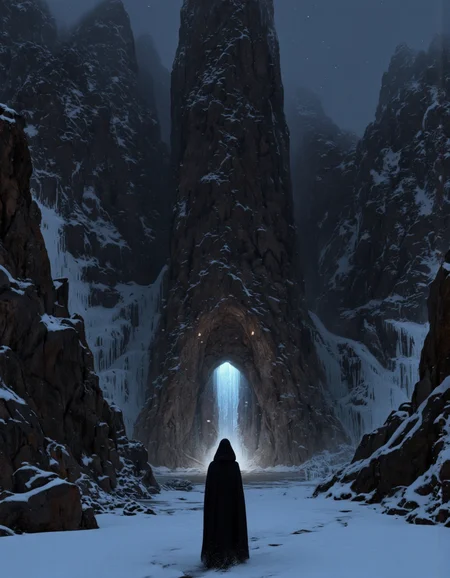 By Arthur Yuan. A digital illustration shoot from a far camera angle about a mystical scene featuring a person standing in front of a large, imposing cave entrance at night, surrounded by snow-covered mountains and a frozen waterfall. the scene is set in a snowy landscape, with a dark, eerie atmosphere. on the middle of the image, a person, who appears to be in their mid-twenties, stands with their back to the viewer, wearing a long, dark cloak, facing away from the viewer. the person is standing in the foreground, with the cave entrance in the background, featuring a tall, jagged rock structure with a glowing blue light at the entrance. the cave is surrounded by a blanket of snow, with snowflakes falling from the sky, creating a sense of depth and mystery. the atmosphere is moody and cold, adding to the eerie ambiance of the scene.