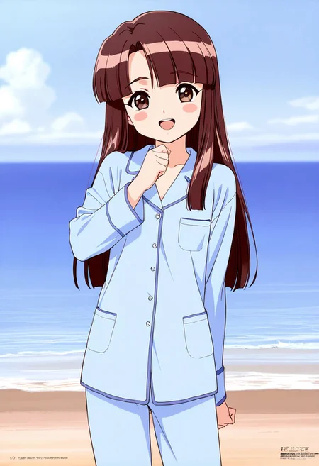 masterpiece, best quality, good quality, <lora:Sakurai_Miyuri_IS:1>Sakurai_Miyuri, brown hair, brown eyes, long hair, blunt bangs, flat chest,
1girl, smile, laughing, looking at viewer, solo, light blue pajamas, open mouth,
blush stickers, cowboy shot, seaside, sea,