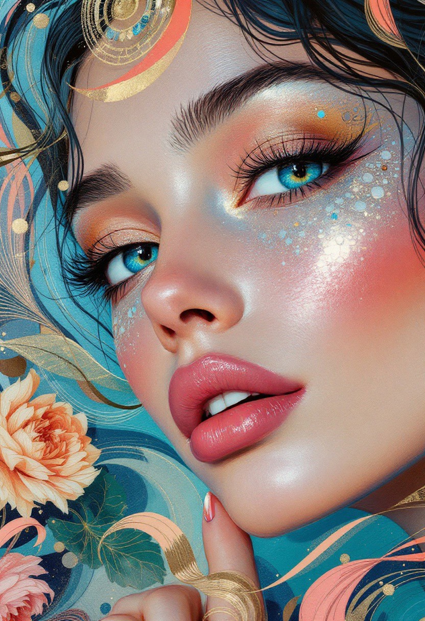 captivating impressionist oil painting, radiant young woman, reflective blue eyes, gold and turquoise makeup, pink lips, art- nouveau patterns, elegance and grace, professional photoshoot, close-up, bottom view