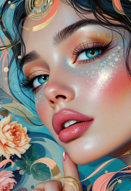 captivating impressionist oil painting, radiant young woman, reflective blue eyes, gold and turquoise makeup, pink lips, art- nouveau patterns, elegance and grace, professional photoshoot, close-up, bottom view