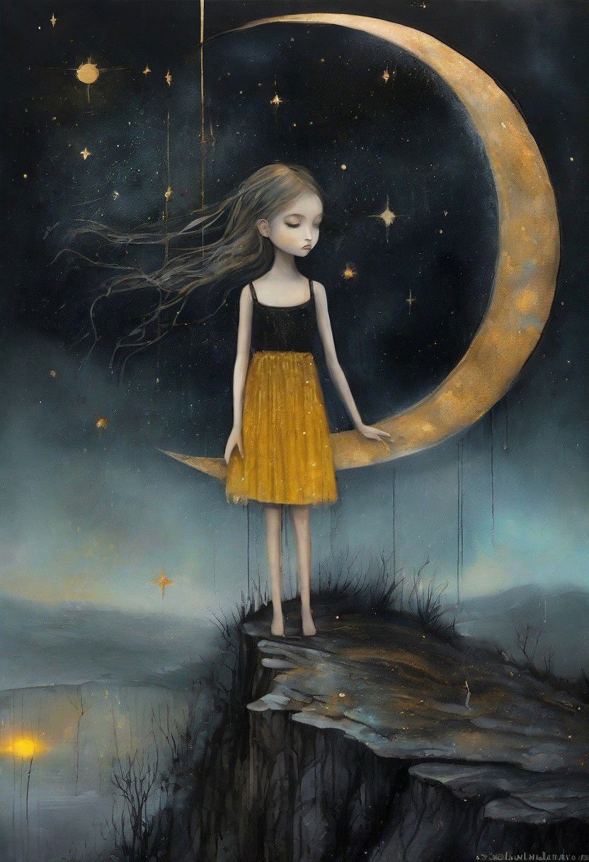 surreal  landscape  wet oil and alcohol ink, thin black and gold lines, 3-D, textured, centered, delicate, fantasy, magical, mystical, fragile. a young girl who gazes at the starlit sky ,and the moon, complementary colors, fantasy concept art,wet oil and alcohol ink, thin black and gold lines, 3-D, textured, centered, delicate, fantasy, magical, mystical, fragile." style  like  lowbrowart   8k