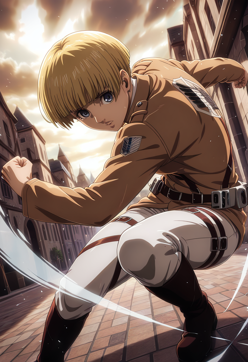 masterpiece, best quality, 32k, high resolution, absurdres
1girl, solo, yelena, blonde hair, dark blue eyes, short hair, bowl cut, blunt bangs
military uniform, suspenders, white pants, belt, boots
dynamic pose, fighting stance, attacking viewer, fists, dynamic angle, dynamic perspective, depth of field
indoors, Attack on Titan city, street, cloudy
motion lines, from both sides, light particles, dynamic angle,  cinematic angle, various angles, detailed background, beautiful background, (rays light:1.0),(grow:1.0) vivid colors, shiny and glossy, anime style, high-res, beautiful aesthetic, very intricate, high-quality details, vibrant, 
<lora:add-detail-xl:1.10> <lora:spo_sdxl_10ep_4k-data_lora_webui:0.95> <lora:noobai_ep11_stabilizer_v0.138_fp16:0.6> <lora:StS-Illustrious-Detail-Slider-v1.0:1.10> <lora:cfg_scale_boost:0.95> <lora:nyalia:0.20>    <lora:lora.TA_trained:1>