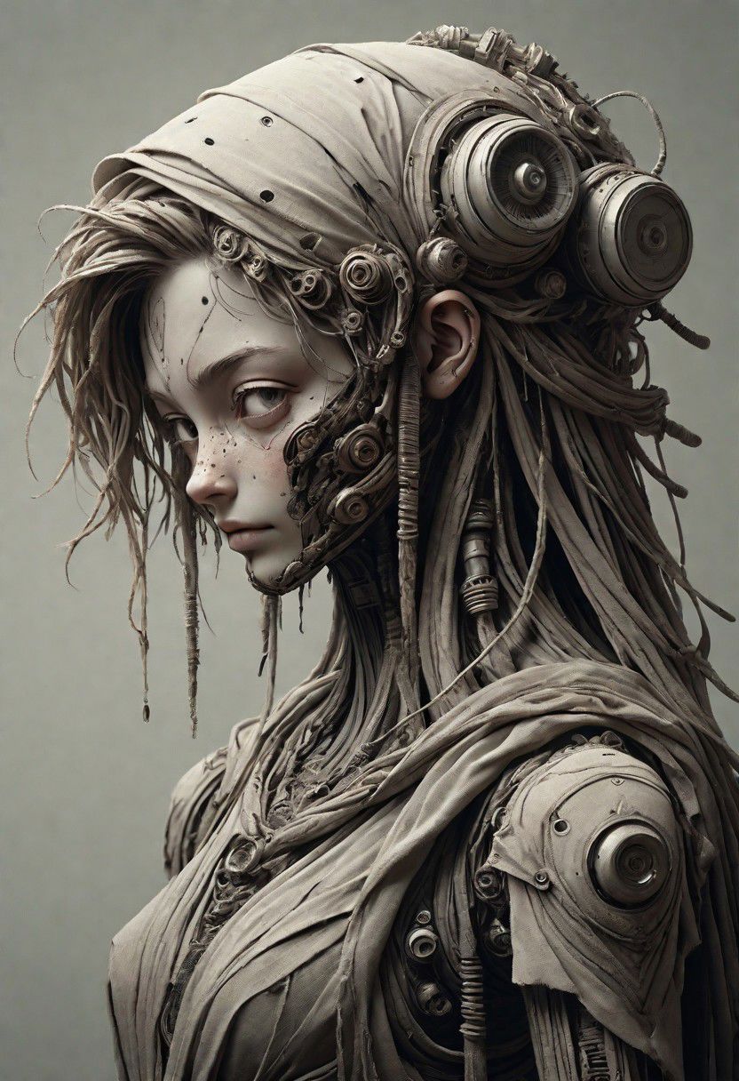 inspired By Studio Ghibli, a flying Sci-fi Steampunk island, a black flower meadow, a blushed Smiling Cyborg Roboter sci-fi Girl with Freckles and braided Hair, Hair Ornaments, , sketch, drawing, detailed, pencil by herg , Adonna Khare, Paul Cadden, Pierre-Yves Riveau, nature, landscape, vivid color, vibrant neon color,