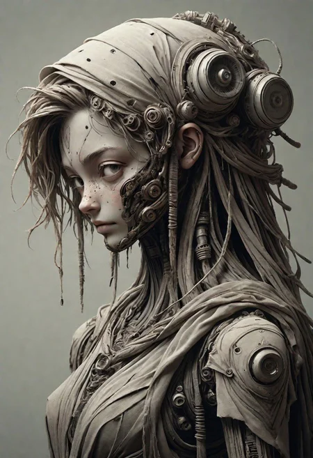 inspired By Studio Ghibli, a flying Sci-fi Steampunk island, a black flower meadow, a blushed Smiling Cyborg Roboter sci-fi Girl with Freckles and braided Hair, Hair Ornaments, , sketch, drawing, detailed, pencil by herg , Adonna Khare, Paul Cadden, Pierre-Yves Riveau, nature, landscape, vivid color, vibrant neon color,