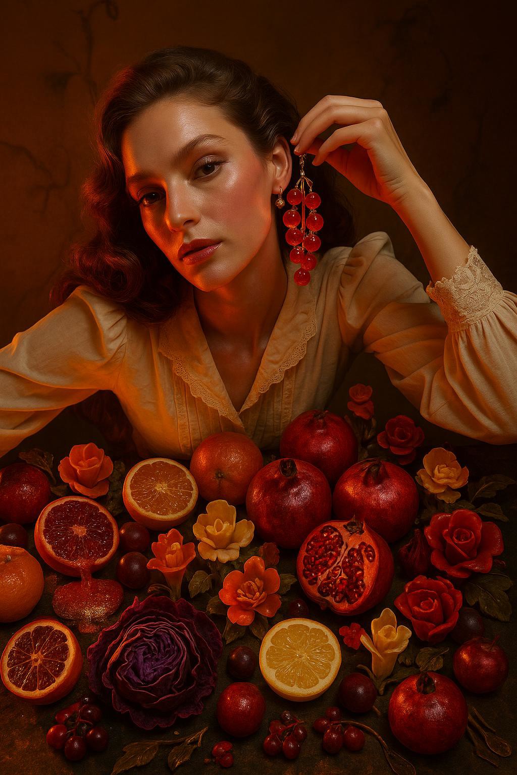 portrait surréaliste ultra grand-angle photoréaliste d'une femme radieuse penchée avec une élégance posée au-dessus d'un autel chaotique de fruits surréels et mûrs, sa main soulevant délicatement une boucle d'oreille en cascade faite de groseilles rouges lumineuses qui pulsent comme de minuscules lanternes. elle porte un chemisier vintage couleur crème avec des poignets en dentelle, son tissu captant la lumière dorée-orange et rouge rubis comme s'il était embrasé par deux soleils invisibles jumeaux. son regard est hypnotique, sa peau brillant d'éclats de magenta et de bronze, et ses cheveux coulent comme du chocolat fondu dans l'abondance baroque en contrebas. la table déborde d'une opulence absurdiste - les oranges sanguines suintent des paillettes, les grenades luisent comme une armure laquée, les citrons tranchés fredonnent de faibles mélodies, et le chou violet se déploie comme des parchemins de velours. entre eux, des fleurs sculpturales en cire, porcelaine et sucre fleurissent silencieusement. les ombres se tordent en contours fantomatiques de vignes et d'ustensiles. l'atmosphère est décadente et baroquement bizarre - un rêve pictural où la mode et la nature morte s'effondrent dans un surréalisme comestible éclairé par une contradiction divine.