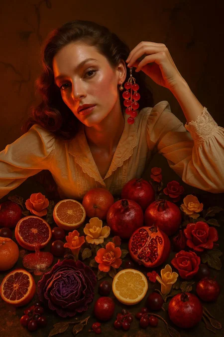 portrait surréaliste ultra grand-angle photoréaliste d'une femme radieuse penchée avec une élégance posée au-dessus d'un autel chaotique de fruits surréels et mûrs, sa main soulevant délicatement une boucle d'oreille en cascade faite de groseilles rouges lumineuses qui pulsent comme de minuscules lanternes. elle porte un chemisier vintage couleur crème avec des poignets en dentelle, son tissu captant la lumière dorée-orange et rouge rubis comme s'il était embrasé par deux soleils invisibles jumeaux. son regard est hypnotique, sa peau brillant d'éclats de magenta et de bronze, et ses cheveux coulent comme du chocolat fondu dans l'abondance baroque en contrebas. la table déborde d'une opulence absurdiste - les oranges sanguines suintent des paillettes, les grenades luisent comme une armure laquée, les citrons tranchés fredonnent de faibles mélodies, et le chou violet se déploie comme des parchemins de velours. entre eux, des fleurs sculpturales en cire, porcelaine et sucre fleurissent silencieusement. les ombres se tordent en contours fantomatiques de vignes et d'ustensiles. l'atmosphère est décadente et baroquement bizarre - un rêve pictural où la mode et la nature morte s'effondrent dans un surréalisme comestible éclairé par une contradiction divine.