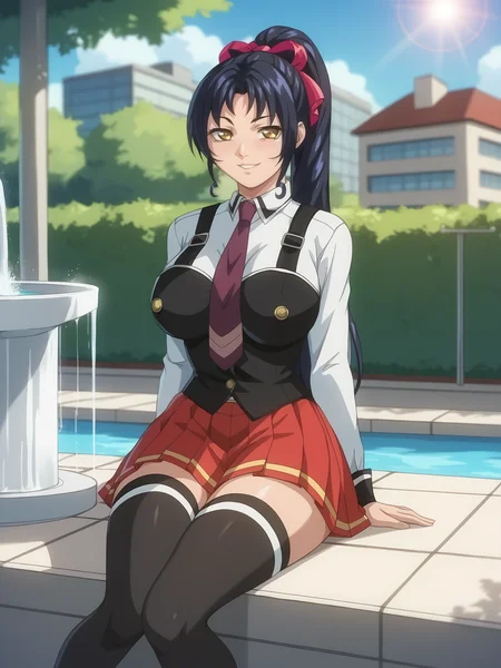 score_9, score_8_up, score_7_up, score_6_up, uncensored, depth of field, sidelighting, lens flare, shiny, shadow, bloom, BREAK
Kozono Nami, 1girl, solo, sitting on edge of fountain, 
looking at viewer, smirk, parted lips, 
yellow eyes, long hair, black hair, high ponytail, hair ribbon,
school uniform, (vest:1.1), suspenders, red necktie, black thighhighs, pleated skirt, loafers, 
curvy, large breasts, 
outside, park, city, day, fountain, 
 <lora:Kozono Nami3216PDXL:1>