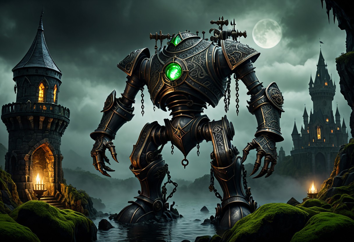 giant bipedal robot dirty dark silver and dark green, bronze paisley robot. lacy robot metal kettle head. outside of a steampunk keep. large detailed torso. dark image. one forty foot tall ancient robot with great arms and two heavy spring legs. dark foggy night background. $dark foggy night image only. dark photo realistic image. steampunk details. cogs, chains and pipes incorporated in the fantasy buildings. magic wizards tower in background. Dark swamp, moss, castle ruins, wizards tower. stormy dark night.  stormy sky.