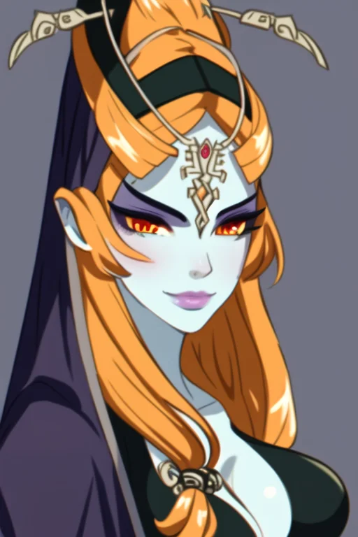 masterpiece, best quality, portrait of midna, dusk, full body, pelvic curtain, legs, slim, 1girl, breasts, colored sclera, blue skin, forehead jewel, front ponytail, grey skin, large breasts, lips, long hair, looking at viewer, midna, orange hair, solo, yellow sclera