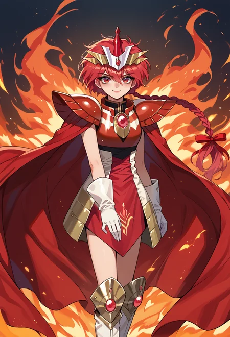 score_9, score_7_up, source_anime, BREAK (solo:1.3), <lora:AELucy:1>
AEHikaru, red eyes, red hair, hair between eyes, long hair, long braid, braided ponytail, single braid, hair ribbon, red ribbon,
AEHikaruFinal, armored dress, boots, cape, dress, gem, gloves, kneeboots, red armor, red cape, shoulder armor, white gloves, full body, fire, smile, hand up,