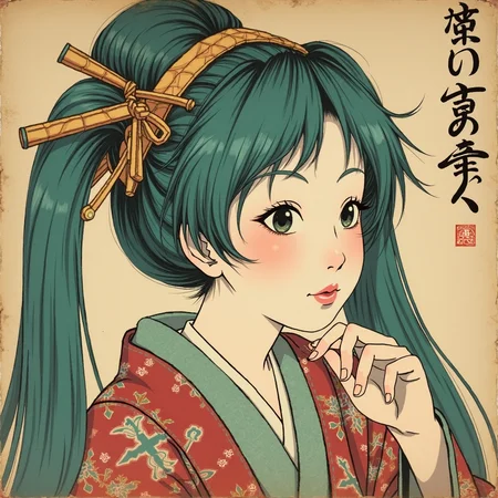 Aa weathered and dated ukiyo-e painting of portrait of Hatsune Miku
Edo-period, fashion, female-figures, everyday-life, Japanese, nature, portraits, Ukiyo-e, woodblock