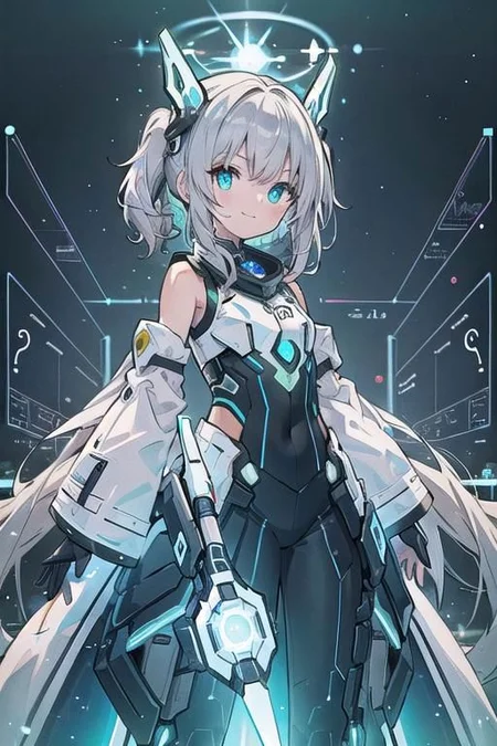 (masterpiece), (science fiction:1.4), 1girl, standing, smile, silver hair, aqua eyes, headgear, long sleeves, detached sleeves, glowing energy clothing, light particles