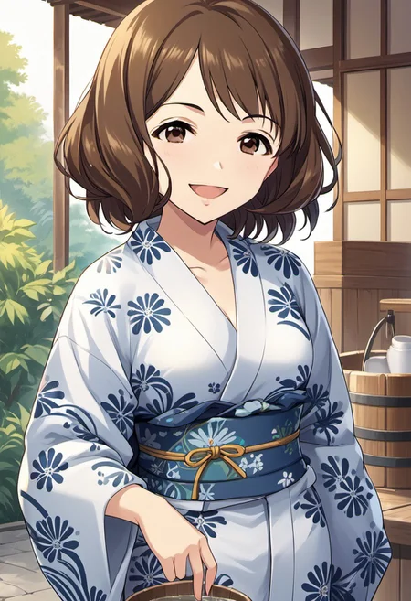 score_9, score_8_up, score_7_up, source_anime, nagatomi hasumi, brown hair, brown eyes, short hair, 1girl, solo, japanese clothes, yukata, kimono, open mouth, smile, bucket, looking at viewer