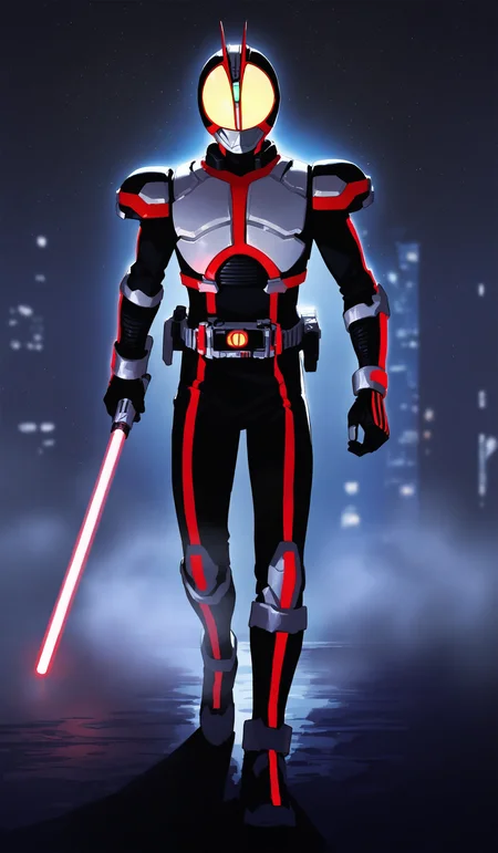 newest, very aesthetic, 1other, solo, standing, walking, faiz belt, faiz armored bodysuit, faiz gauntlets, faiz boots, faiz helmet, full body, science fiction, on ground, building, arm on own thigh, facing viewer, steam, holding lightsaber, glowing, dark, night, outdoors, blurry background, cityscape, night sky, black background, star \(sky\), artist:tianliang duohe fangdongye, (artist:modare:1.1), artist:ask \(askzy\), <lora:faiz-ilu01:0.7>