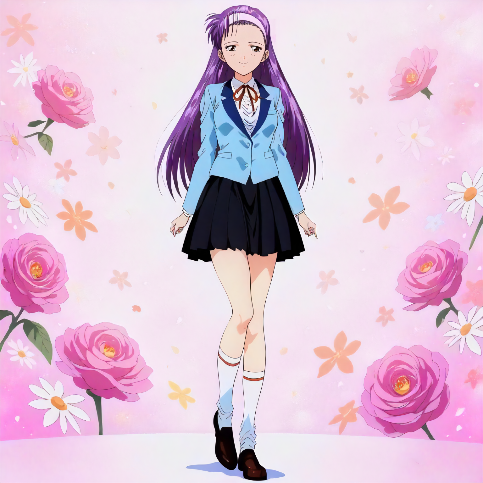 <lora:ZSBGP0_saionji_reikoXLanimagine001>,
masterpiece,high score,great score,absurdres,
flower background,glitter,
smile,
looking at viewer,
solo,
anime coloring,1990s \(style\),
saionji_reiko\(zenkoku_seifuku_bishoujo_grand_prix\),1girl,purple hair,long hair,hairband,forehead,brown eyes,
blue blazer,neck ribbon,
black skirt,pleated_skirt,
socks,loafers,
full body,
standing,
