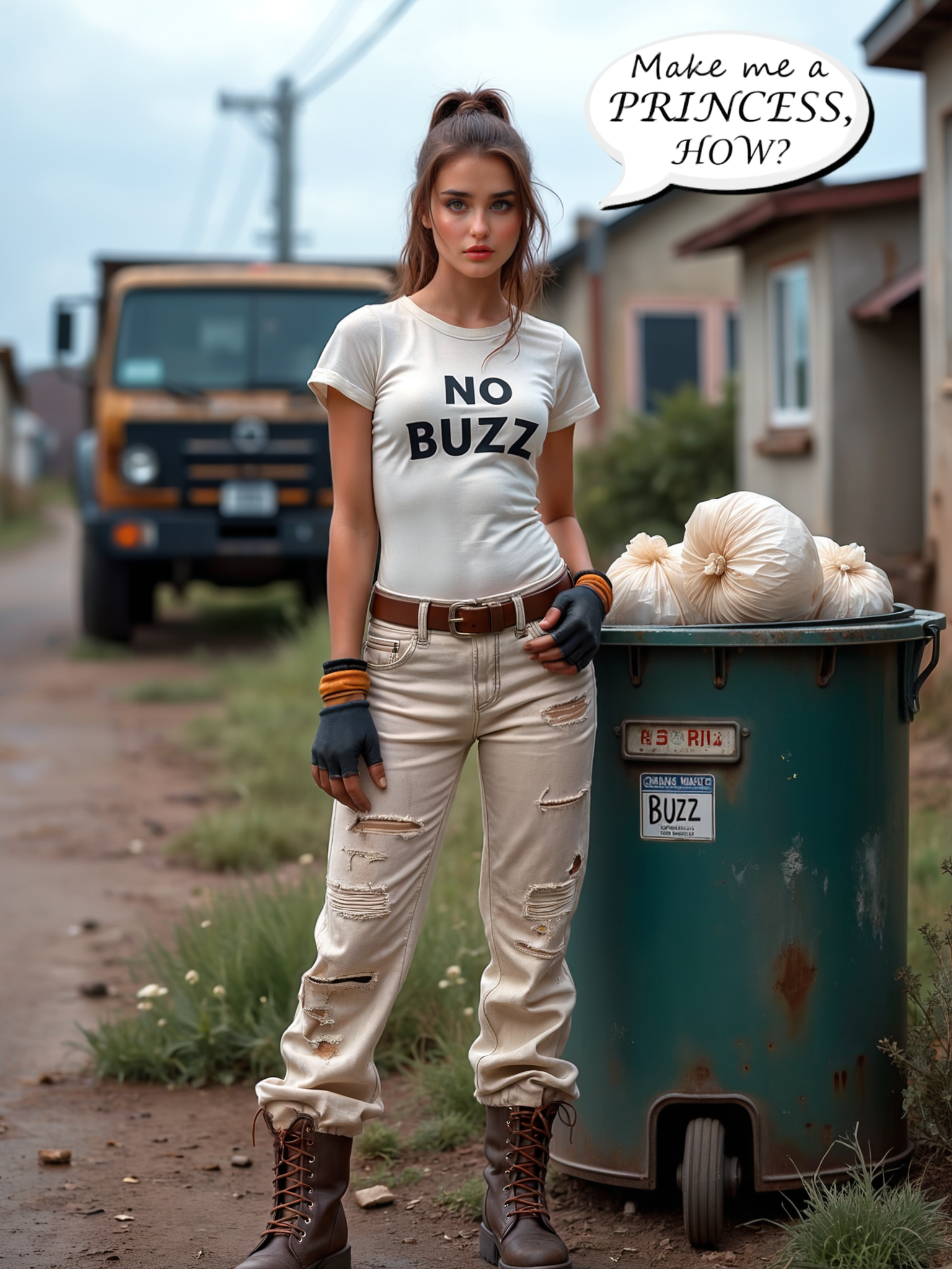 cinematic film still a woman standing next to a trash can with a bag of stuff in it and a truck behind her, her T-shirt says NO BUZZ, the trash can says BUZZ, a word bubble says MAKE ME A PRINCESS, HOW?.  Christian Hilfgott Brand, promotional image, a stock photo, ecological art  <lora:Flux-style-xl-lora:.5> <lora:add-detail-xl:.5> . shallow depth of field, vignette, highly detailed, high budget, bokeh, cinemascope, moody, epic, gorgeous, film grain, grainy