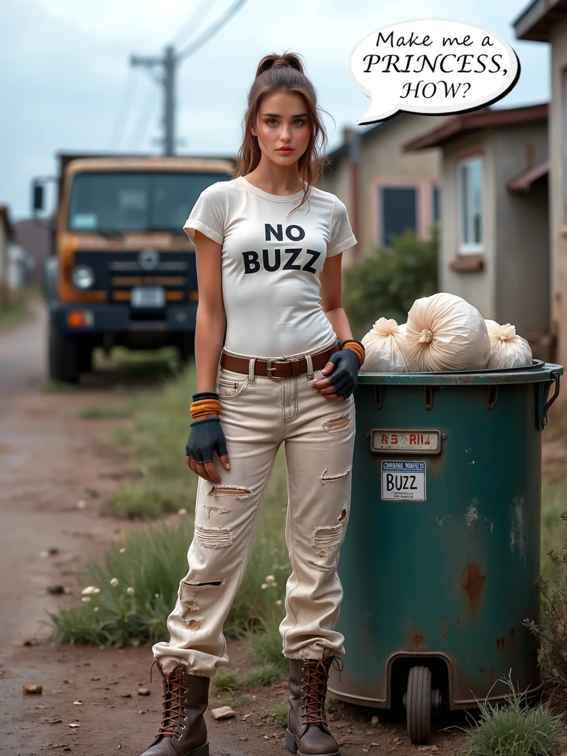 cinematic film still a woman standing next to a trash can with a bag of stuff in it and a truck behind her, her T-shirt says NO BUZZ, the trash can says BUZZ, a word bubble says MAKE ME A PRINCESS, HOW?. Christian Hilfgott Brand, promotional image, a stock photo, ecological art <lora:Flux-style-xl-lora:.5> <lora:add-detail-xl:.5> . shallow depth of field, vignette, highly detailed, high budget, bokeh, cinemascope, moody, epic, gorgeous, film grain, grainy