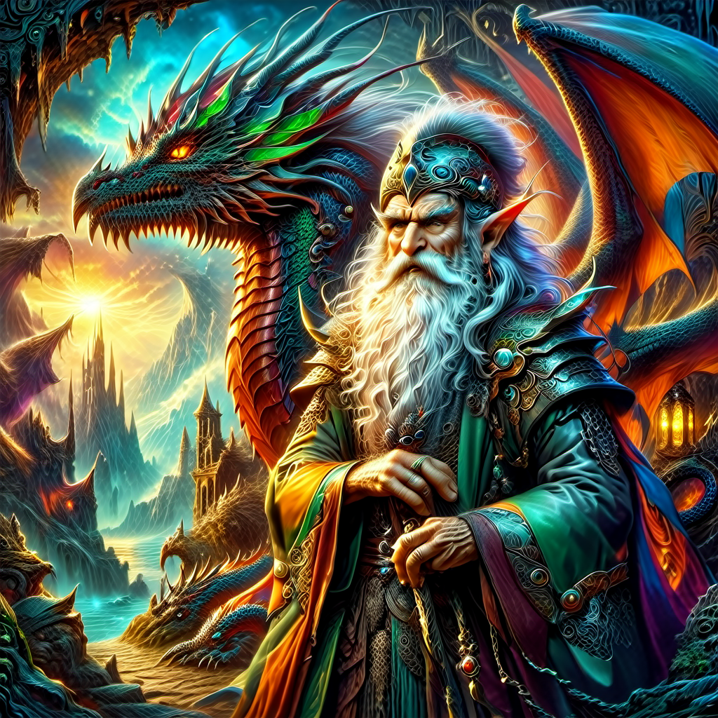 Old wizard with a long white beard with his dragon with cyberpunk enhancements., 1980s fantasy style, Masterpiece realistic, best high quality, perfect details, intricate details, nice lighting, detailed background,<lora:1980s_Fantasy_Style_SDXL:1.0>