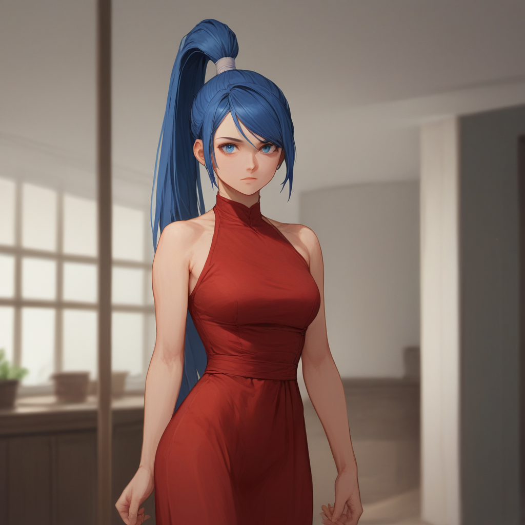 score_9_up, score_8_up, BREAK, high ponytail, solo, 1girl, blue hair, blue eyes, red dress, cowboy shot, <lora:HighPonytail_PXL_Leaf1:1>, depth of field, indoors,