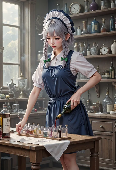 A masterpiece, ultrarealistic, natural colours of morning light, photorealistic scene, intricate interior of a laboratory, rich in detail, chemistry equipment in the background, a clock, (flat chest, lean, small-breasted, tiny tits, bustless, unbuxom, narrowed eyes, nothing clingy, no make-up, without make-up, adult:2),
flat chested experienced scientist Izayoi Sakuya with no make-up is leaning over table, holds a wine bottle and concentrates with narrowed eyes on pouring wine into a row of steaming test tubes lined on the table without paying attention to the viewer, slender, short silver hair, twin braids, green bows, green bowtie, loose blue maid uniform, mid dress, maid headdress, detached collar, white apron, pocket watch, 
<lora:Hand v2:1.2> Detailed hand, Hand, Perfect hand,
<lora:ADetailerNetidolFace_flux:0.6>, ((realistic)), ((fair skin)), ((skinny)), 1girl, idol, jpop, kpop, belle, pretty, petite, parted lips, light smile, 
<lora:best_of_flux_v30_rank64_bf16-step01750:1> best_of,