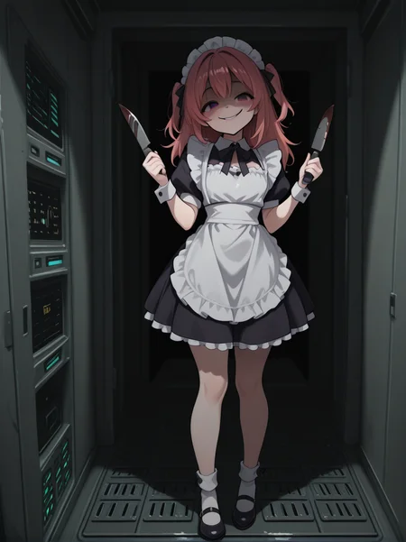 high quality, full body, <lora:CivChan:1> civchan, yandere, server, evil smile, holding knife, oil,