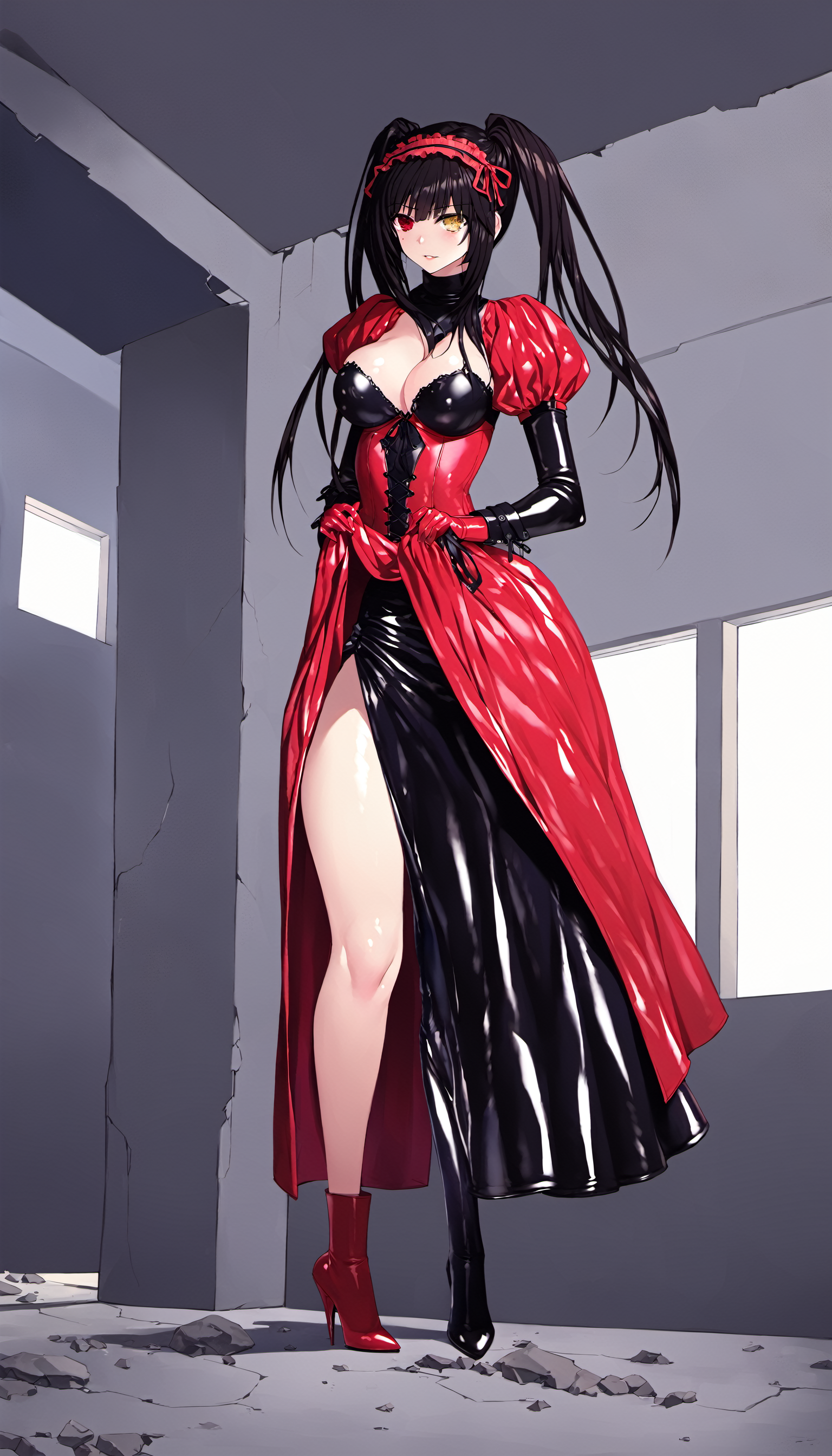 1girl, tokisaki kurumi, date a live,
long hair, twintails, hairband, heterochromia, medium breasts, latex corset, black choker, red ribbon, latex gothic, red latex dress, red bow, red latex skirt, black hair, cleavage,
thigh boots, high heel boots, boots, latex , (latex gloves:1.2), latex legwear, latex boots, latex skirt, latex dress, long sleeves, (long skirt:1.2), pantyhose, turtleneck,
in the ruins of a hospital, abandoned building, day, indoors, skirt lift, solo, standing, full body,
detailed face, detailed hair, detailed eyes, depth of field, cinematic lighting,
shiny latex, latex fetish,
masterpiece, best quality, ultra detailed, high quality, illustration, perfect anatomy
 <lora:tesomu-sdxl-d:1>