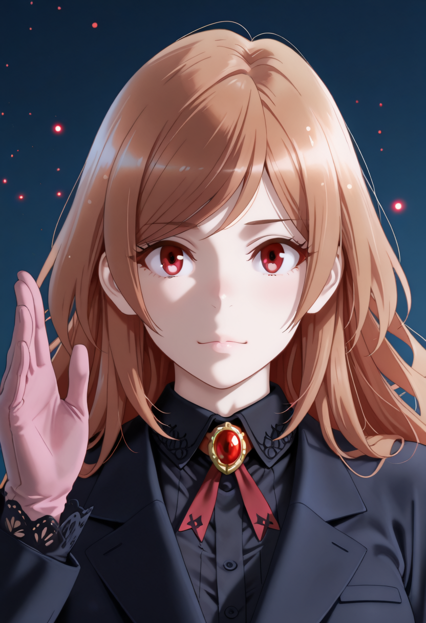 <lora:Eko:1>,eko,orange long hair,red eyes,solo,long hair,red eyes,
masterpiece,best quality,intricate details,gothic fantasy,upper body portrait,dramatic pose,confident gaze,cinematic lighting,(clean background,glowing magical particles:1.3),detailed face,vibrant colors.,
upper body,waving at viewer,wearing suit,
<lora:Half_Art_Style_IL:1>,