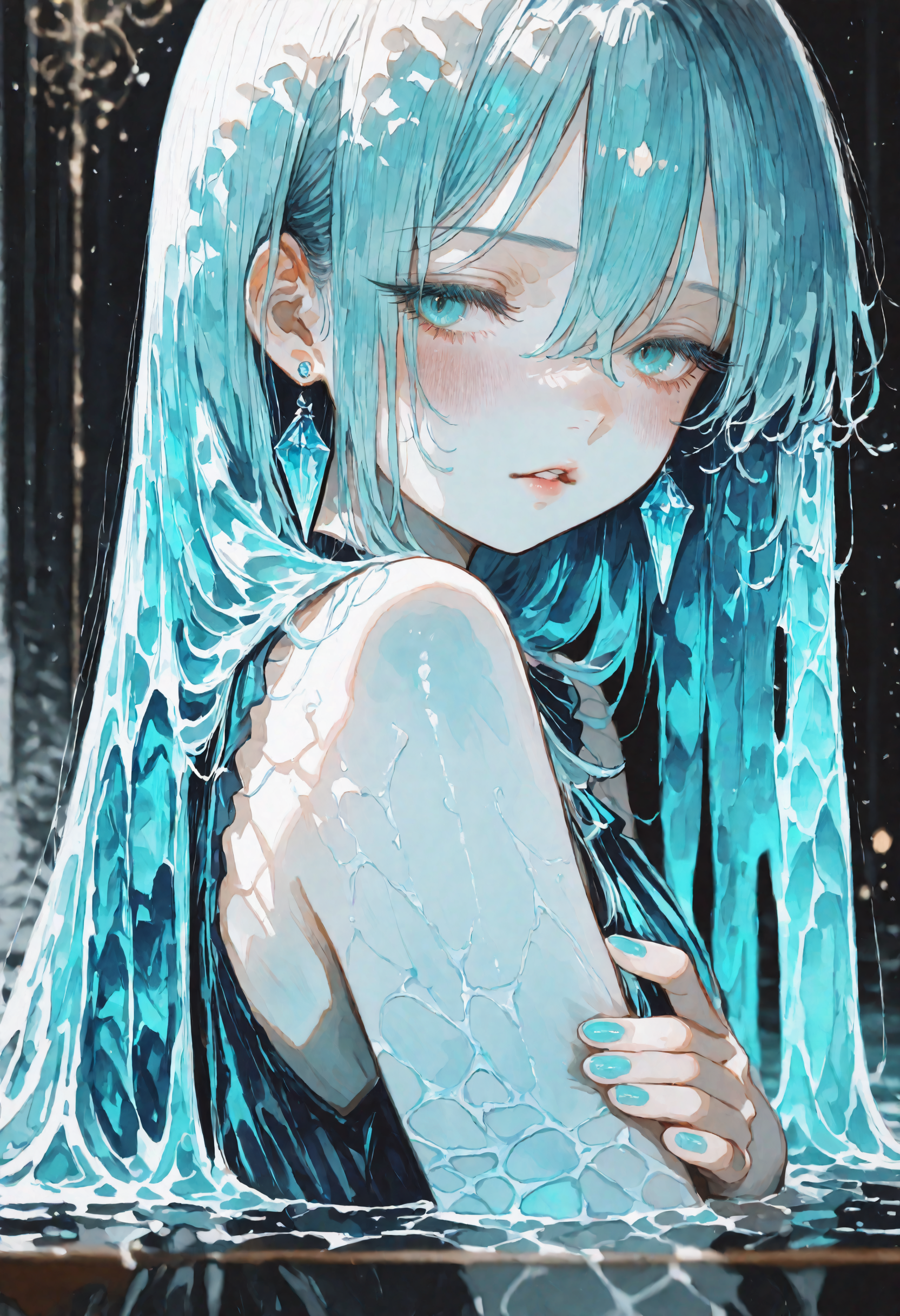 masterpiece, best quality, newest, absurdres, highres, very awa, anime screencap, no lineart, watercolor \(medium\), traditional media, painting \(medium\), limited palette, ambient occlusion, depth of field, intricate background, ethereal glow, 1girl, solo, aqua theme, liquid hair, earrings, looking at viewer, crystal, jewelry, blue theme, aqua nails, blue nails, aqua hair, long hair, parted lips, nail polish, aqua eyes, upper body, hand on own arm, blue hair, gem, hair between eyes, blue eyes, water, looking to the side, from side, caustics, bare shoulders, eyelashes, blush