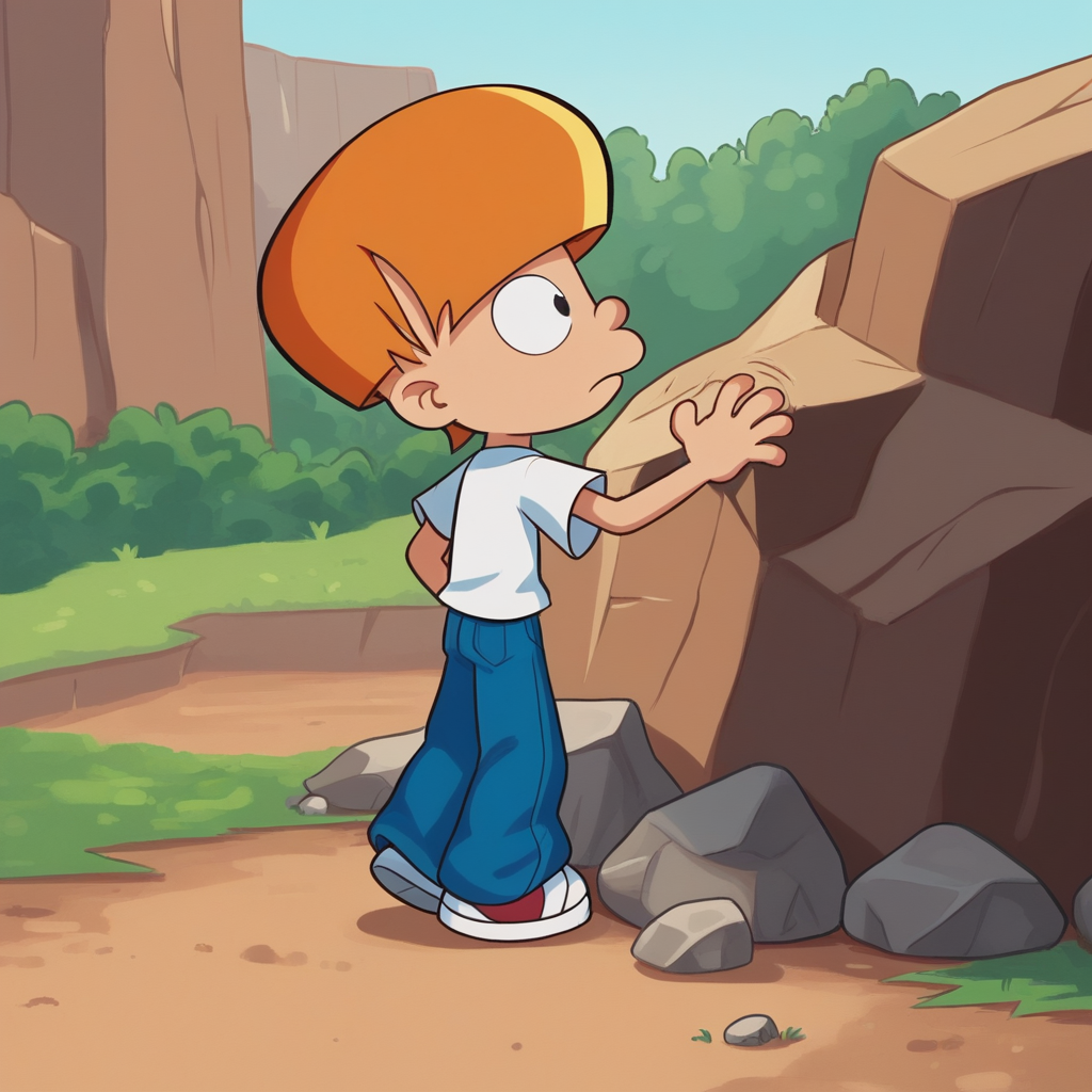 score_8_up, BREAK, Tom, 1boy, solo, orange hair, short hair, black eyes, white shirt, pants,  <lora:Tom_SweetLittleMonsters_PXL_Leaf1:1>, outdoors, siting on rock