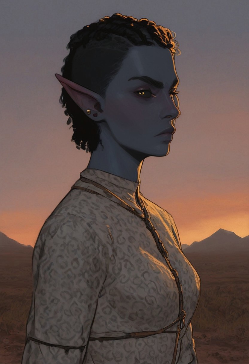 safe_pos, solo, short pointy ears, full body, action stance, piercings, random elf face, aquiline features, female dark elf, brow rings, beaded piercings, weathered skin, blue-grey skin, large nose, insect chitin armor, insect chitin helmet, insect chitin ornaments, stylized insect pattern, athletic build,  animated realism, zoomed out, Syrian features, torso, yurts, tents, native camp, elegant berber tapestries, dead desert trees, ash dunes, distant volcano, ashy soil, grey green foliage, distant grey hills, sunrise, gloomy lighting, grey fabric awnings, dark wood posts, light dust clouds, grey-blue skin, mahogany and ivory clothes, medium armor, bone plate armor, ivory straps and fittings, alien bone ornaments, grey wood neckguard, medium_breasts, grey sclera, black pupils, blue-green light, neon, highly detailed, defined features, looking at viewer, three quarters view, from side, dynamic lighting, 29 years old, light and shadows, patterned cloth, annoyed expression, expressive eyes, detailed medieval clothes, short hair, wavy hair, thick hair, beaded hair, braided hair, under cut hair, semirealistic, alien elf, spanish features, jewish features, black hair, dark red hair, desaturated blue skin, sharp features, pastel green inuit print cloak, nighttime, high detail, absurdres, pretty eyes, detailed eyes, yellow eyes,