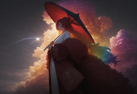 masterpiece, best quality, absurdres,hyper realistic,detailed eyes,
1 female solo,((((Cloud hair)))),long hair,blue eyes,kitsune tails,white kimono,red sleeves,golden embroidery,
wide shot,from side,feet out of frame,low angle,
looking to the left,sun umbrella,washi umbrella,multicollored umbrella,red umbrella,black umbrella,
white background, ((((huge fluffy Clouds)))),((((rainbow gradient cloud))))