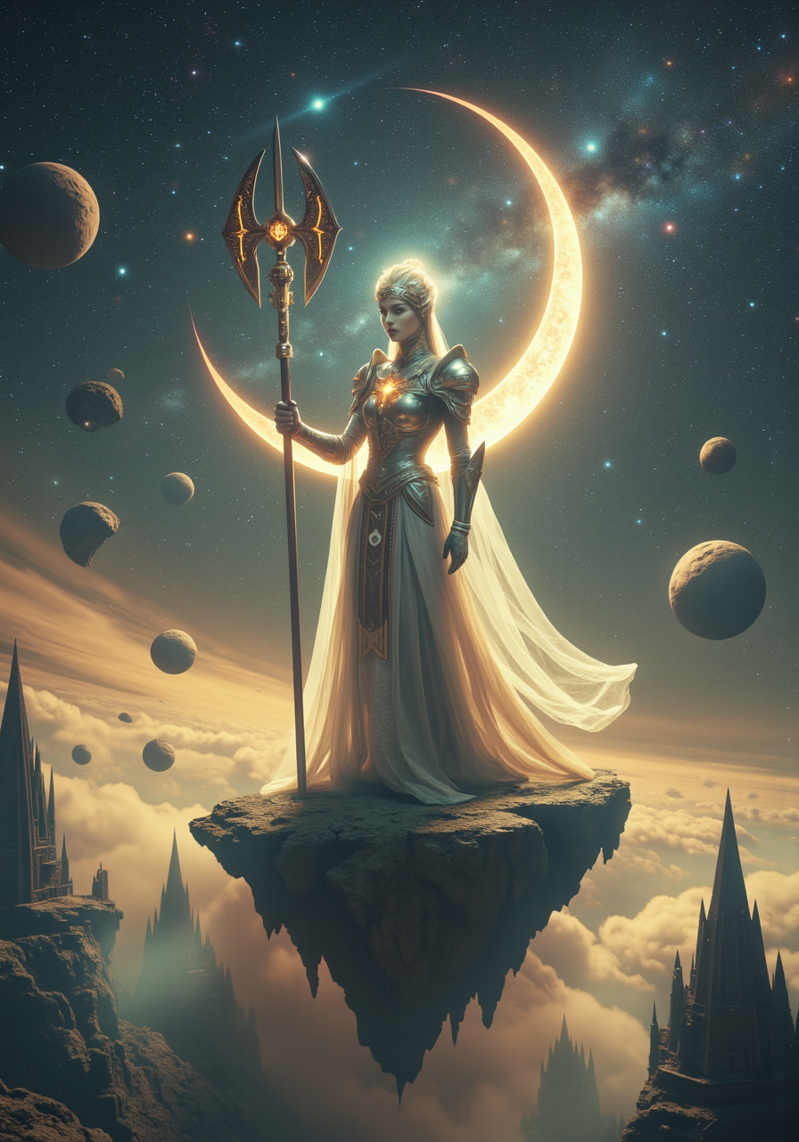 
A celestial knight stands on the edge of a floating island suspended in the void of space. Her armor gleams like polished starlight, adorned with ethereal sigils that pulse with cosmic energy. Her helmet resembles a crescent moon, framing her serene yet commanding face. In her hands, she holds a halberd forged from meteorite metal, its blade radiating a soft golden light. Around her, countless stars twinkle in the infinite expanse, and asteroid fragments float lazily past. Below, the shattered remains of a once-great civilization drift aimlessly, their spires and domes now silent witnesses to time's passage. Despite the desolation, she emanates hope, her mission clear—to protect what little remains of order in this chaotic universe.

Key Details:

Armor: celestial motifs, shimmering surfaces that reflect constellations.
Cosmic Environment: floating islands, asteroid fields, and nebulae painting the background.
Theme: divine purpose amidst existential despair, balancing beauty and destruction.