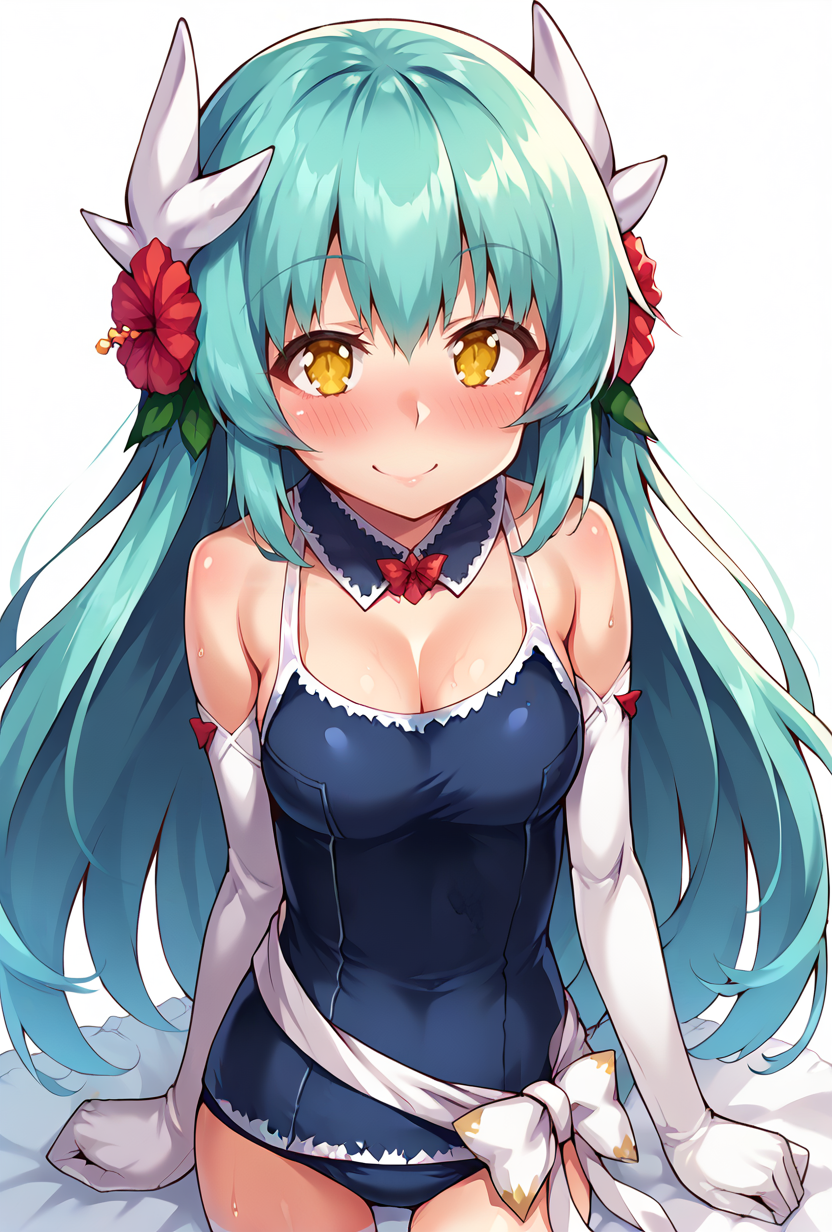 score_9,score_7_up,  <lora:kiyohime_(lancer)_XL_1:1>  bbkiyo, long hair, aqua hair, white horns, hair flower, yellow eyes, detached collar, cleavage, school swimsuit, blue one-piece swimsuit, elbow gloves, white gloves, sash, blush, smile,   <lora:Dam_Labo-Style-PonyXL-Dora-000038:1>