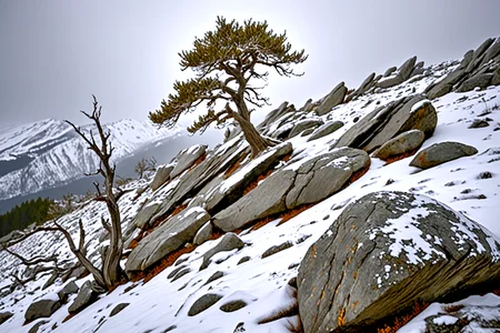 <lora:pytorch_lora_weights_361535:1>,A amazing photography of a windswept ridge in the middle of a (snowstorm:1.2), icy gusts bending brittle trees, faint veins of (pale white glowing:1.1) lichen shining through the snow on scattered rocks,, Masterpiece,best quality,realistic,HDR, 8K, masterpiece, best_quality, absurdres, ultra-detailed, highly_aesthetic, depth_of_field
