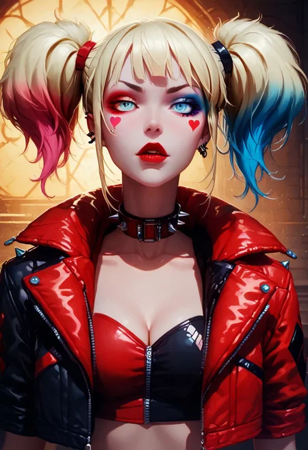 score_9, score_8_up, score_8, score_9,
harley quinn, bangs, blue eyes, blonde hair, twintails, blue hair, multicolored hair, choker, gradient hair, makeup, piercing, pink hair, lips, lipstick, red lips, jacket, open clothes, , crop top, cropped jacket, spiked bracelet, spiked collar,, cleavage,
dark goddess, perfect face, smooth skin, cleavage, cinematic lighting, dark, seductive, perfect anatomy, focus, detailed, high definition, (bedroom), Expressiveh, g0thicPXL, concept art, realistic, low-key, chiaroscuro